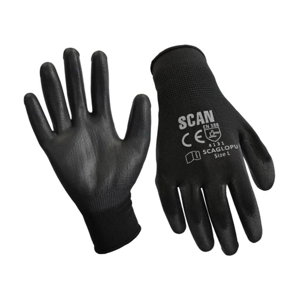 Black PU Coated Gloves - L (Size 9) (12 Pairs)